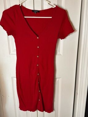 Ambiance Red Ribbed Button-Front Midi Dress